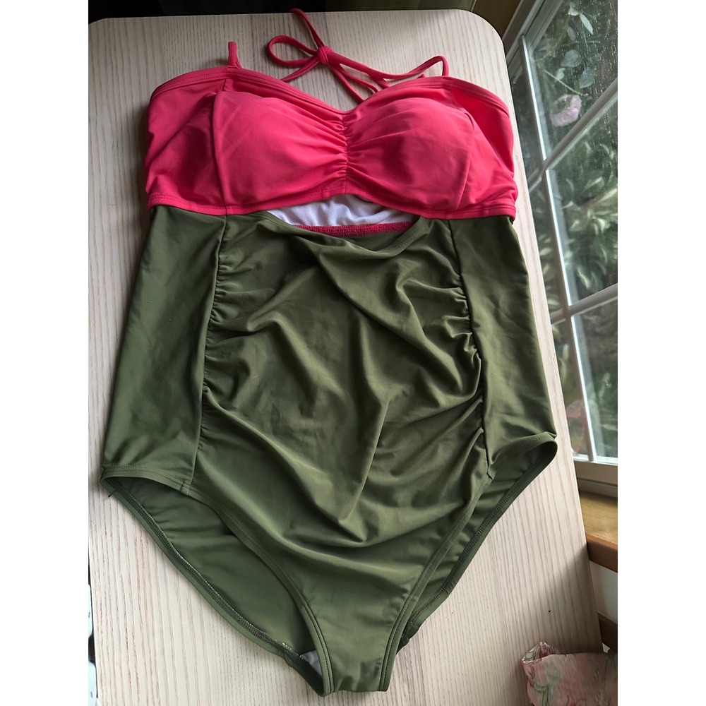 Motherhood Maternity Pink Olive Green Ruched One Piece‎ Swimsuit Size Medium
